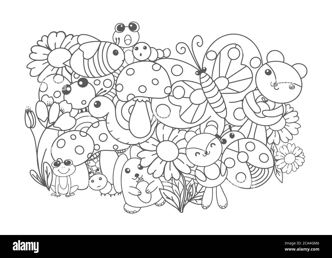 Vektor lineare Zeichnung, Satz von niedlichen Kinder Illustrationen. Tiere, Bier, Frosch, Wurm, Schmetterling, Biene, Schnecke, Marienkäfer, Kaninchen. Stock Vektor