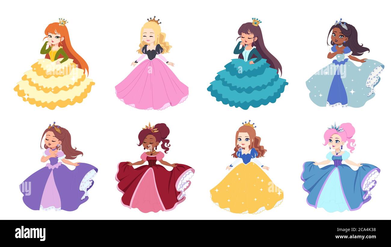 Set von acht niedlichen verschiedenen kleinen Prinzessinnen. Handgezeichnete Cartoon flache Vektor-Illustration. Isoliert auf Weiß. Stock Vektor