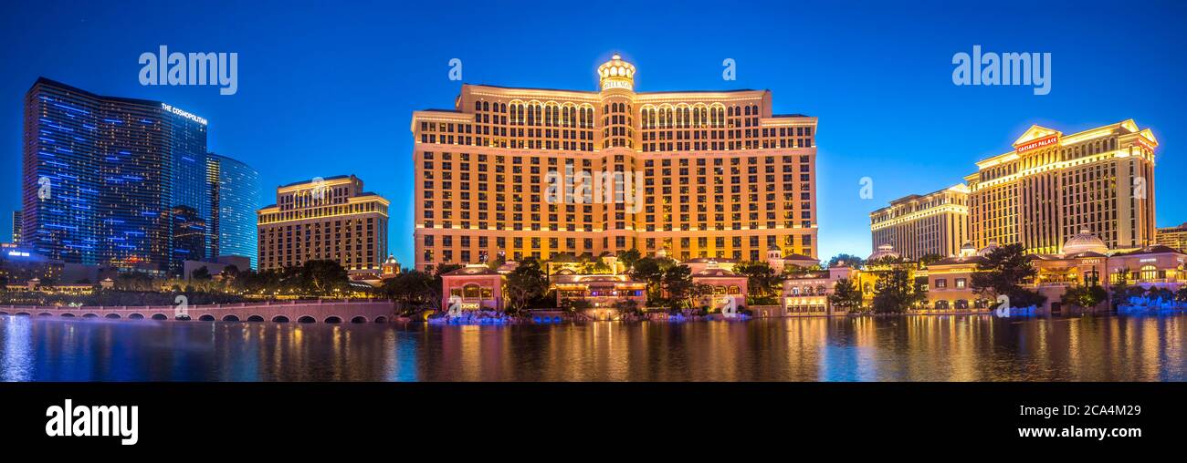 Panorama des Bellagio Hotels und Casinos am Strip in Las Vegas, Nevada. Stockfoto