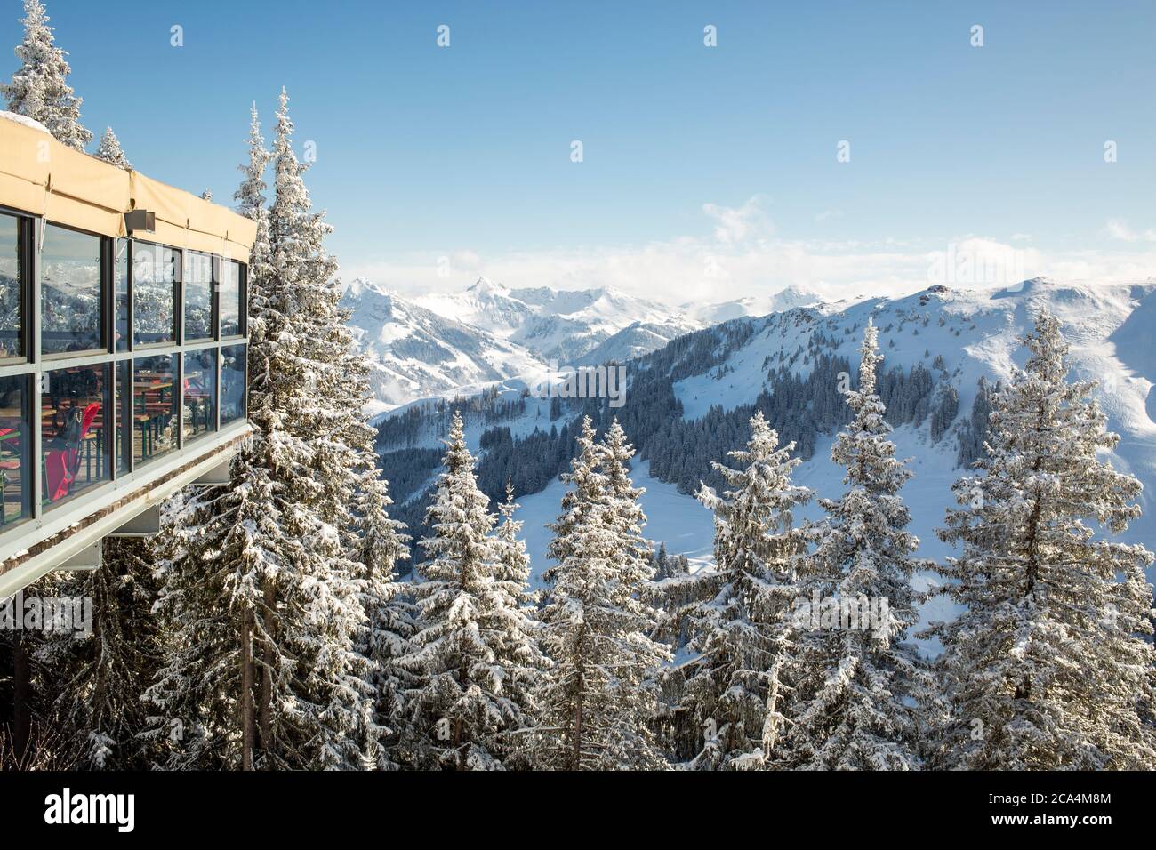 Glasanbau eines Bergrestaurants unter verschneiten Bäumen im Skigebiet Kitzbühel in Österreich Stockfoto