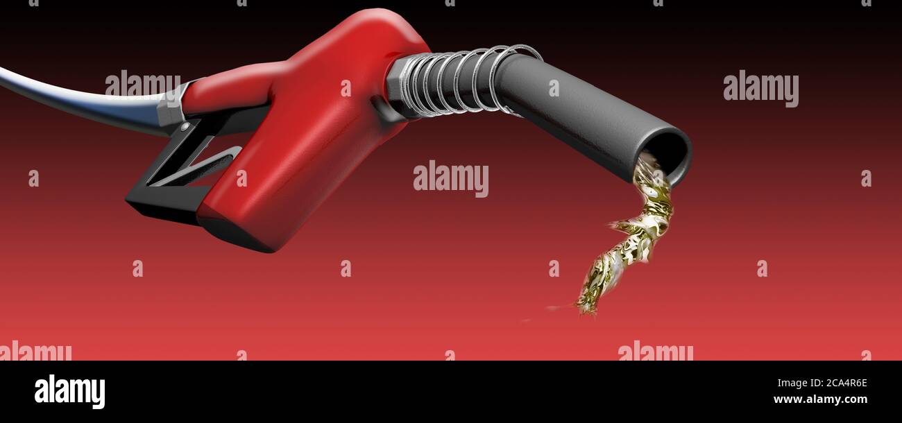 Benzin, das von einer Gasdüse auf einem roten spritzt Hintergrund Stockfoto