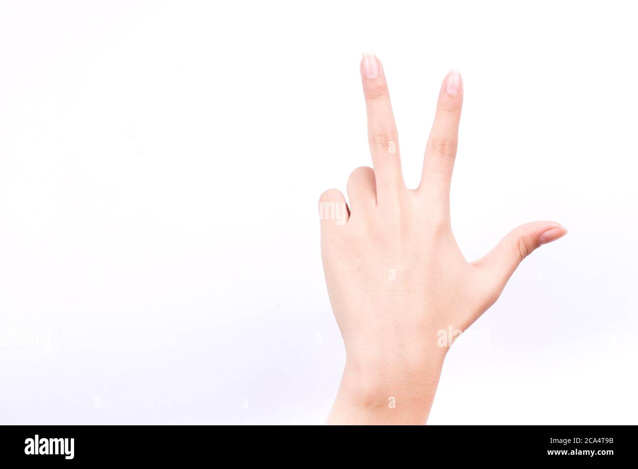 Finger Hand Symbole isoliert Konzept drei Finger grüßen Gratulation auf weißem Hintergrund Stockfoto