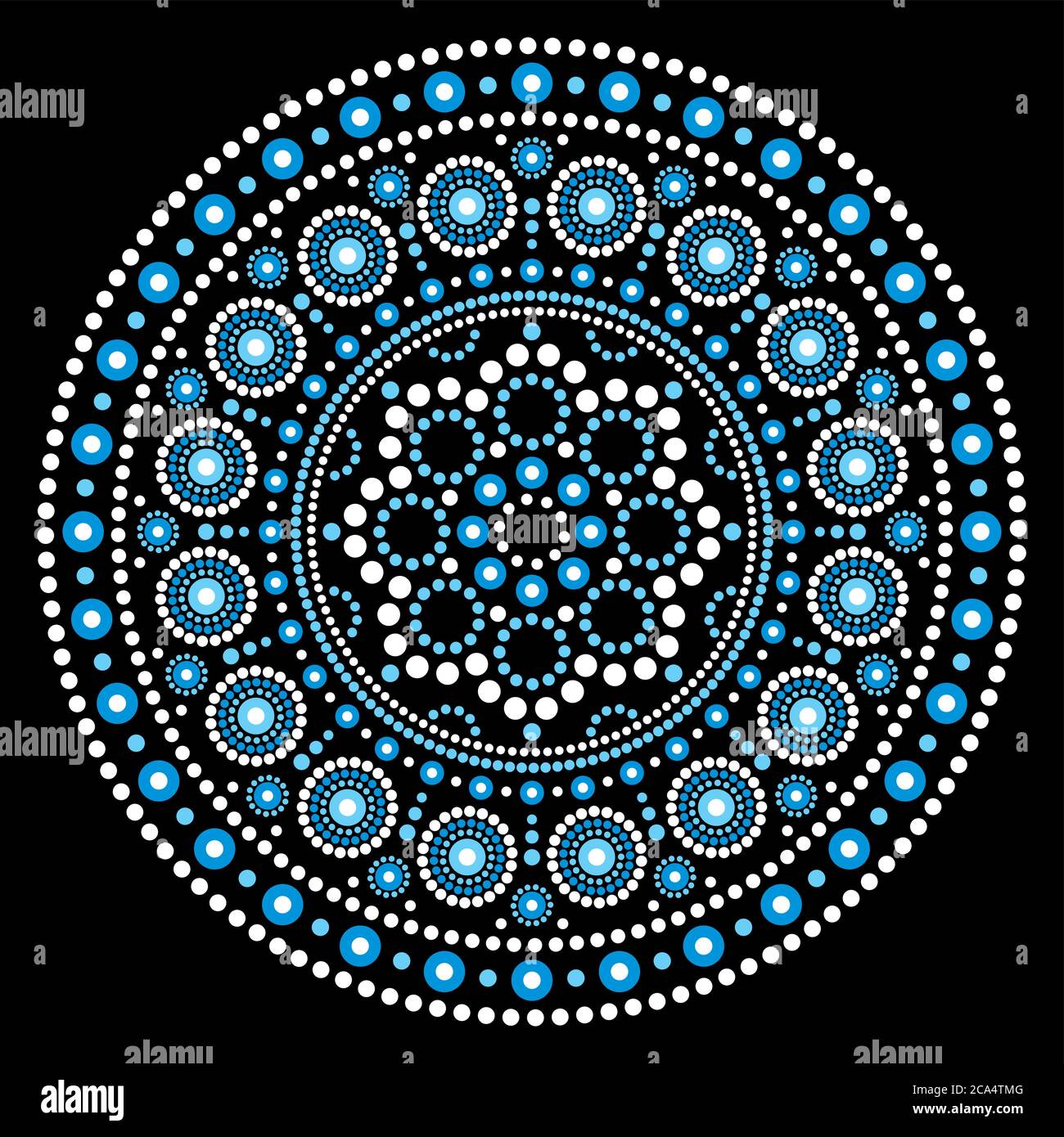 Mandala Aboriginal Dot Painting Ethnic Vector Mandala Design, bho Australian dot Art Muster in weiß und blau auf schwarz Stock Vektor