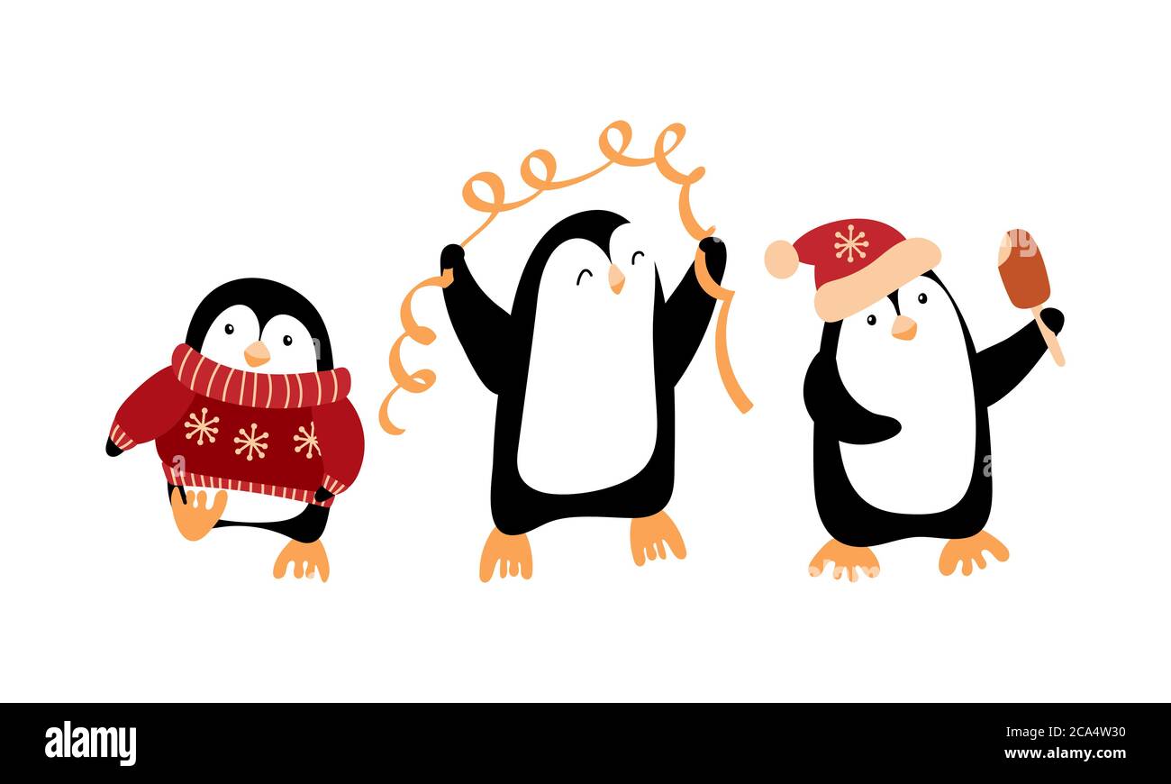 Nette Cartoon Pinguine Weihnachten feiern. Lustige Zeichen auf weißem Hintergrund isoliert. Vektorgrafik. Stock Vektor