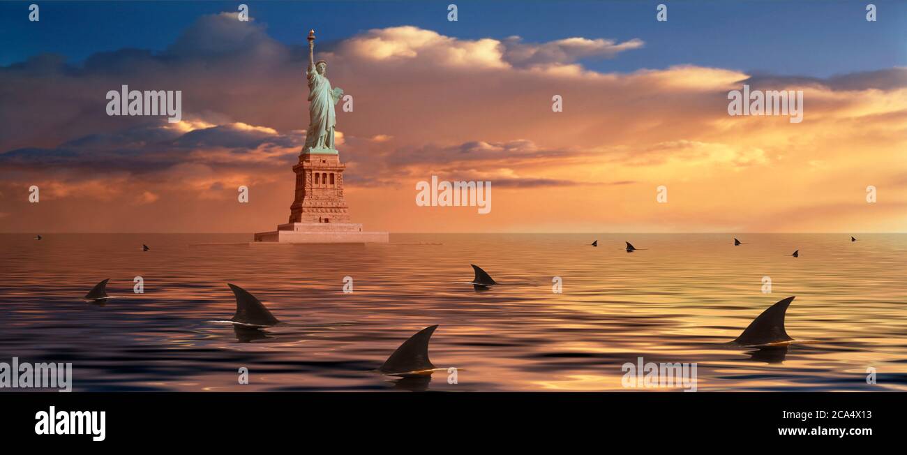 Haie kreisen um die Freiheitsstatue, New York City, New York State, USA Stockfoto