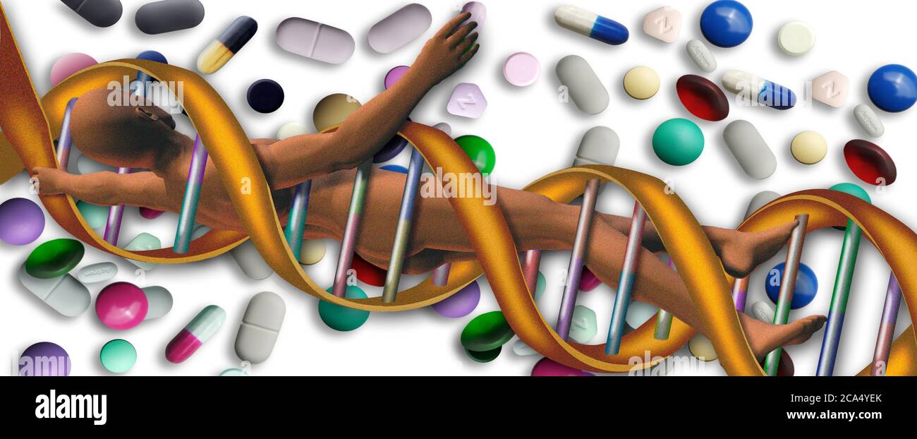DNA, umgeben von Pillen Stockfoto