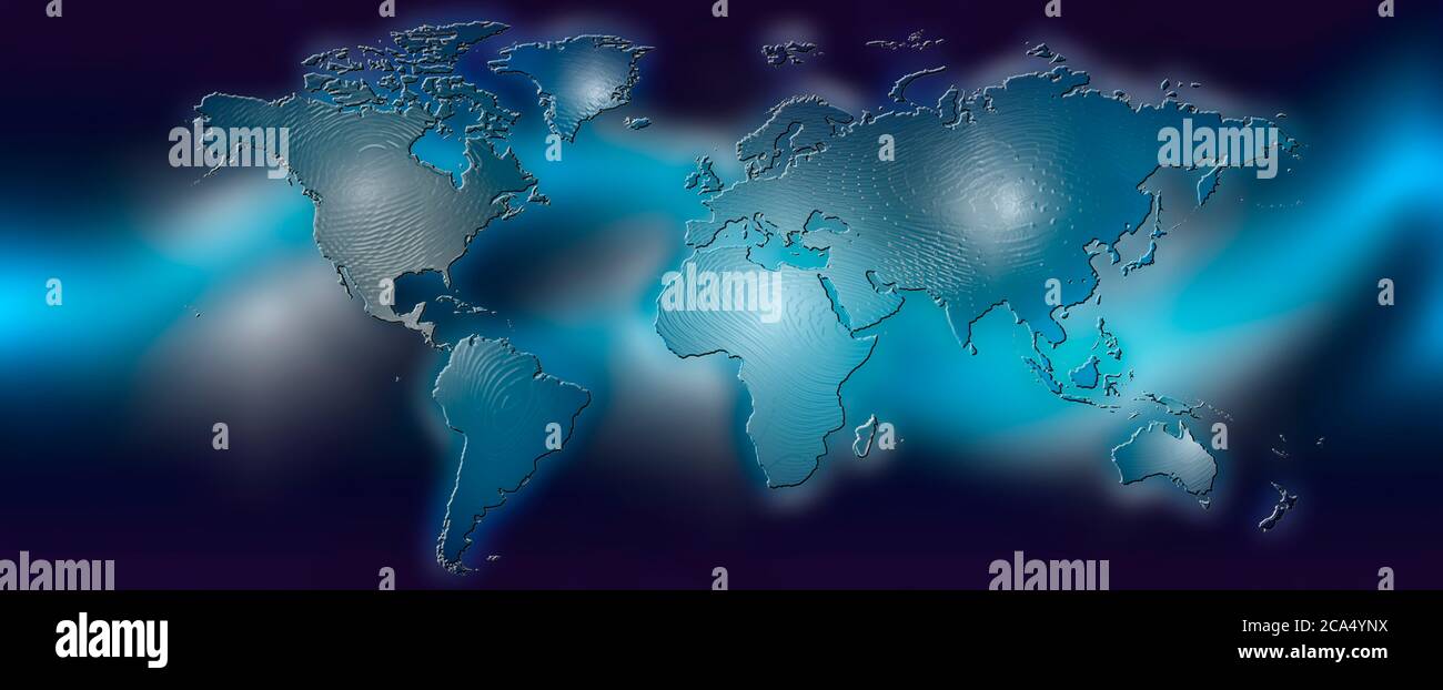 Flache Weltkarte auf blauem Hintergrund Stockfoto