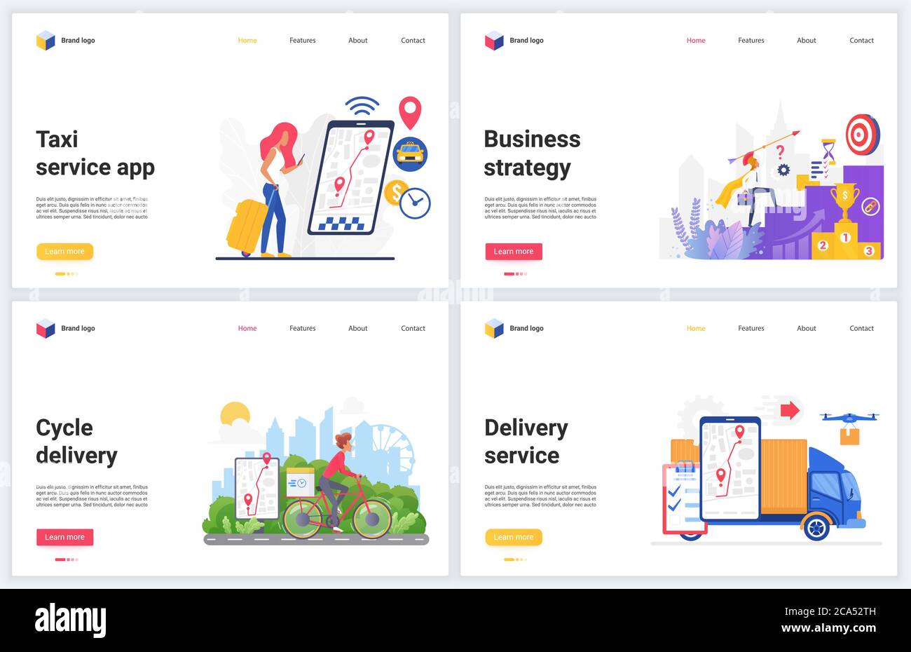 Vektorgrafiken für Lieferdienstleistungen. Cartoon Wohnung liefern Technologie Webseite Interface Design Banner mit erfolgreicher Geschäftsstrategie für Reederei, Taxi Transport gesetzt Stock Vektor