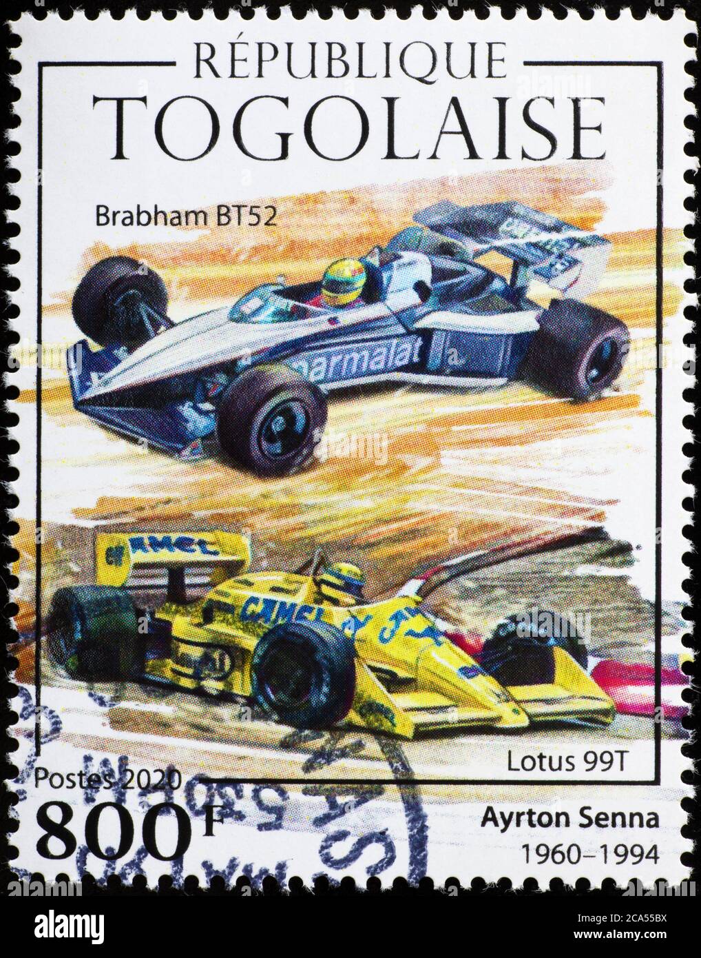 Formel 1 Autos von Ayrton Senna auf Briefmarke gefahren Stockfoto