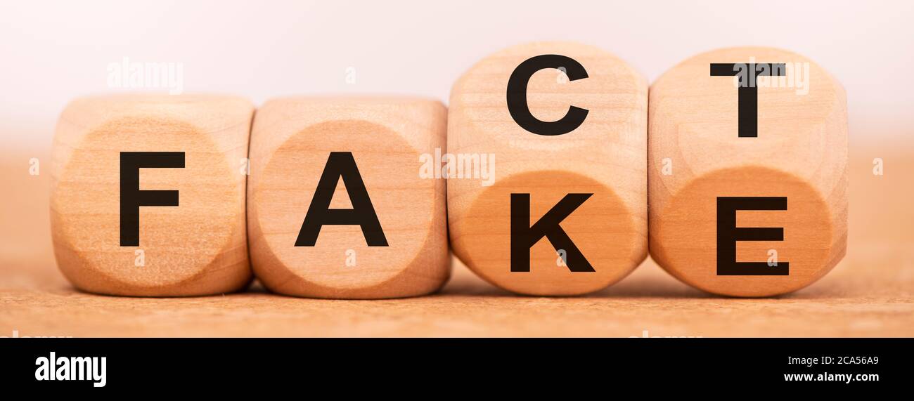 Fact und Fake News auf Cubes geschrieben Stockfoto
