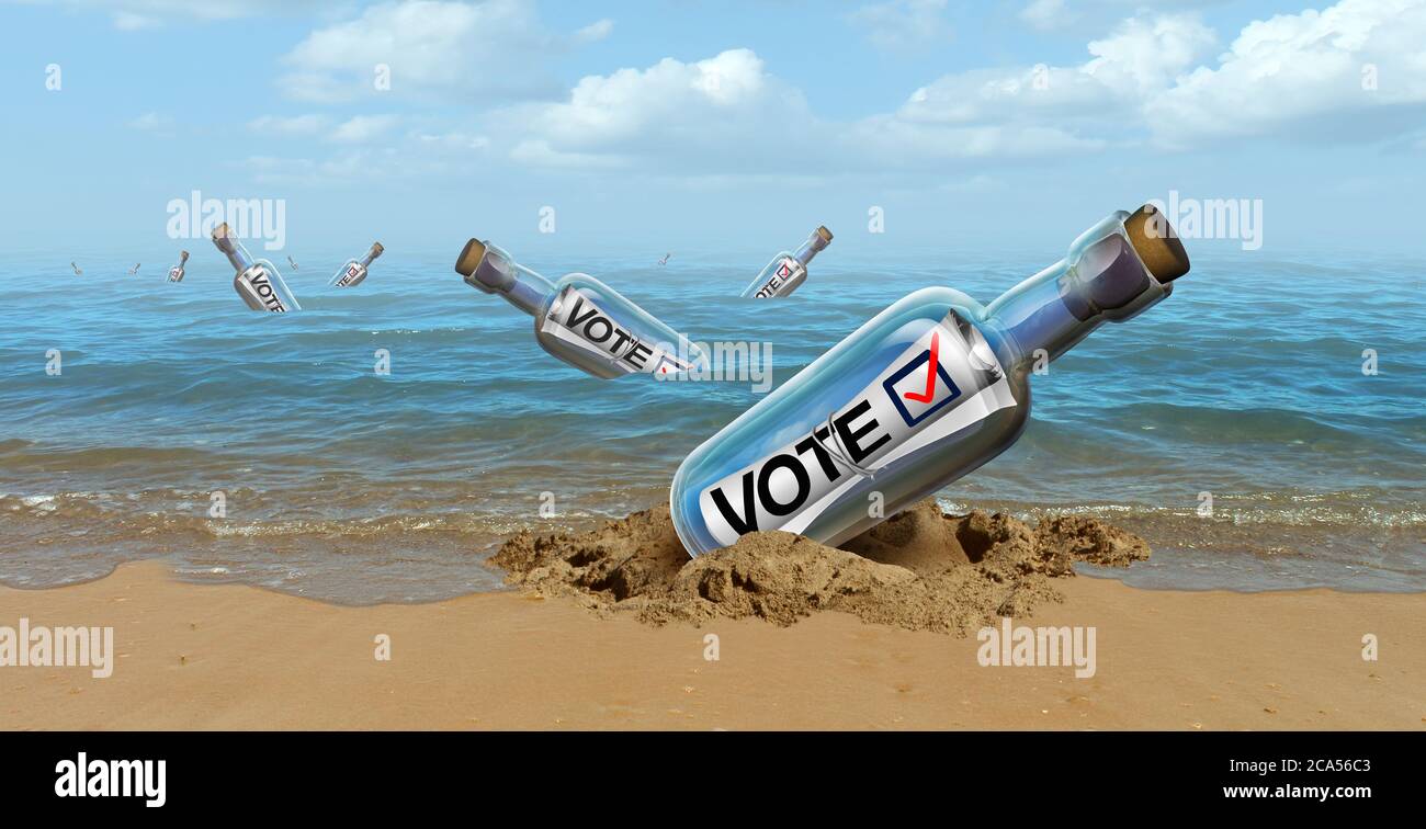 Mail in Abstimmung Konzept und Abwesenheitswahlrecht oder Abwesenheitswähler einen Stimmzettel werfen, indem Sie eine politische Wahl mit 3D-Illustration Elemente. Stockfoto