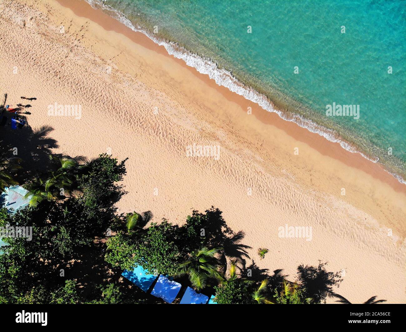 Blick auf die Drohne am Strand in Guadeloupe. Karibische Urlaubslandschaft. Grande Anse Strand auf Basse-Terre Insel. Stockfoto