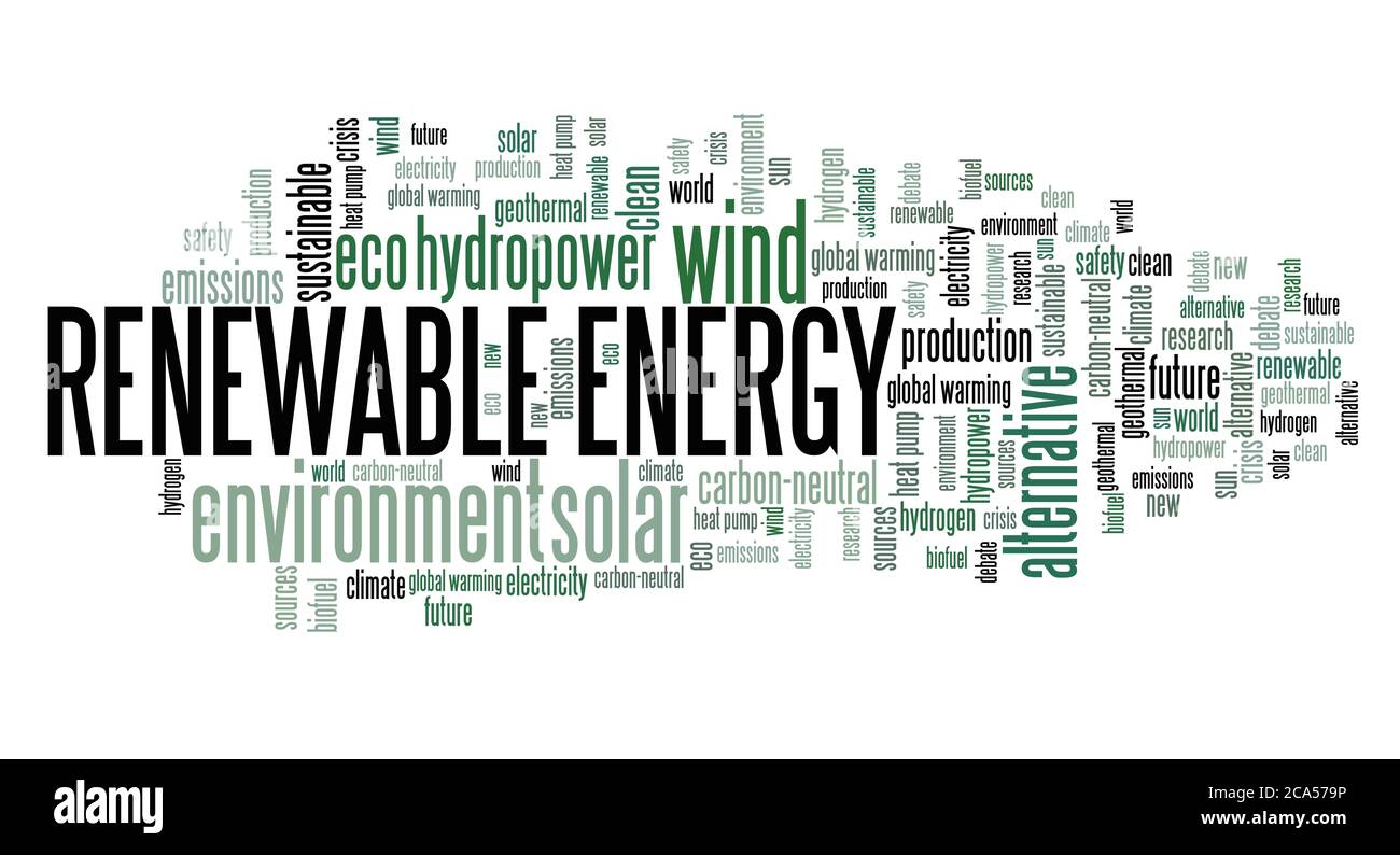 Konzept für erneuerbare Energien. Erneuerbare Energiequellen Wort Wolke Zeichen. Stockfoto