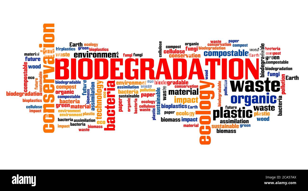 Biodegradation Konzept Wort Wolke Collage. Biodegradation-Textzeichen. Stockfoto