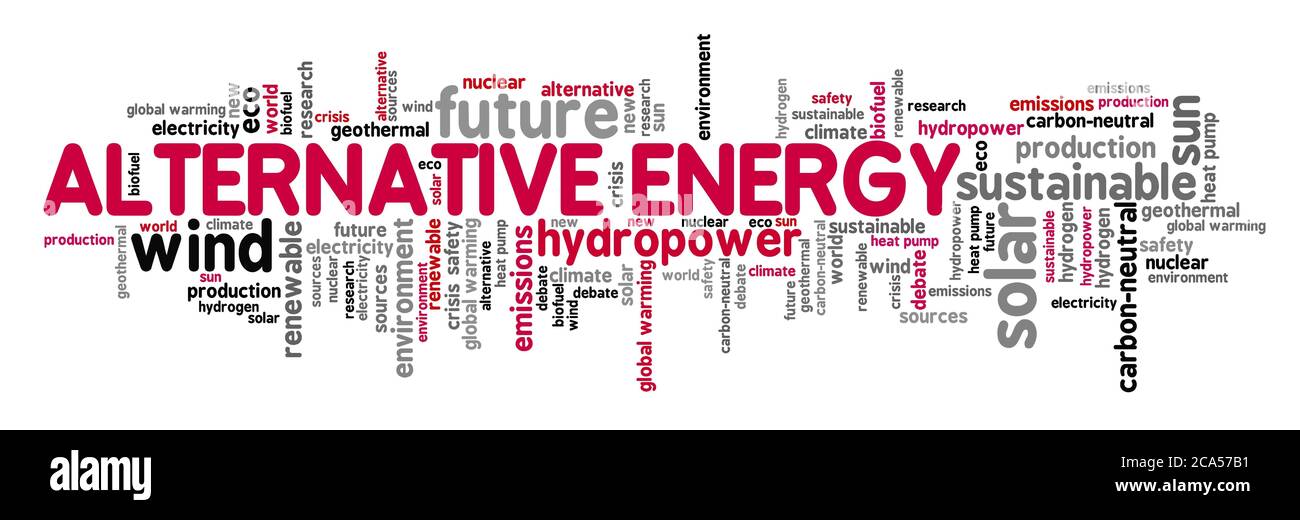 Alternative Energiekonzepte. Erneuerbare Energiequellen Wort Wolke Collage. Stockfoto