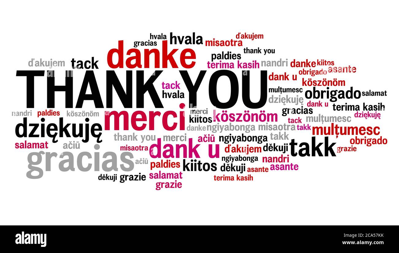 Vielen Dank, dass Sie Worte Grafiken. Internationale danke Zeichen in vielen Sprachen, darunter Englisch, Französisch, Deutsch, Niederländisch und Polnisch. Stockfoto