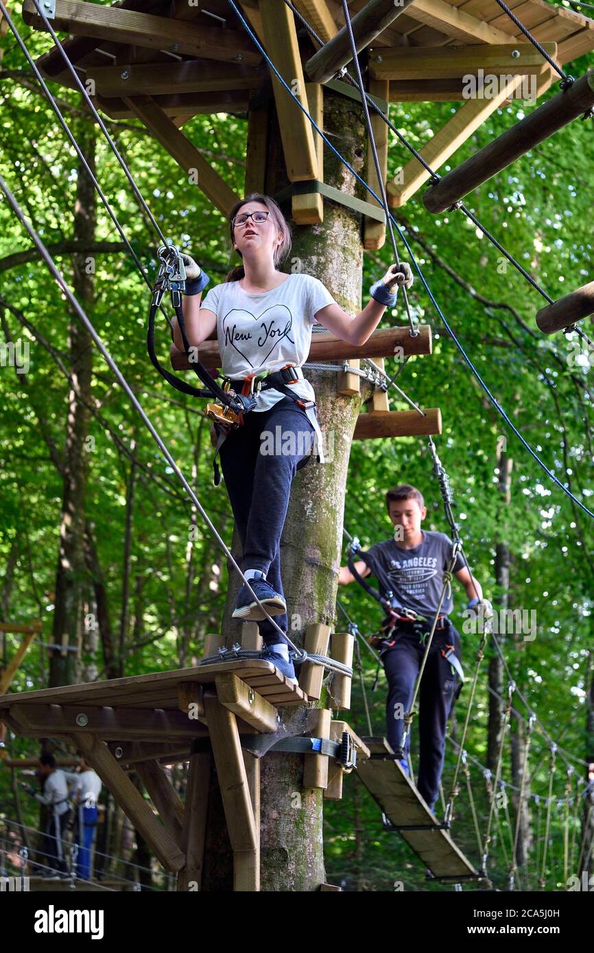 Schweiz, Kanton Waadt, Aigle, Forest Aerial Adventure Park (Baumklettern) Stockfoto