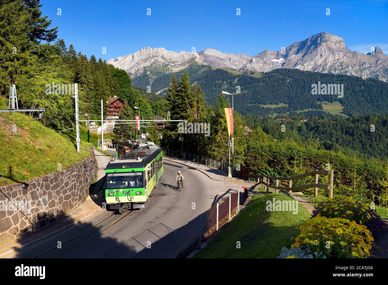 Schweiz, Kanton Waadt, Villars-sur-Ollon, Panorama des argentinischen Massivs mit Blick auf Solalex und der Zug von Bex im Tal nach Villars über Gryon Stockfoto