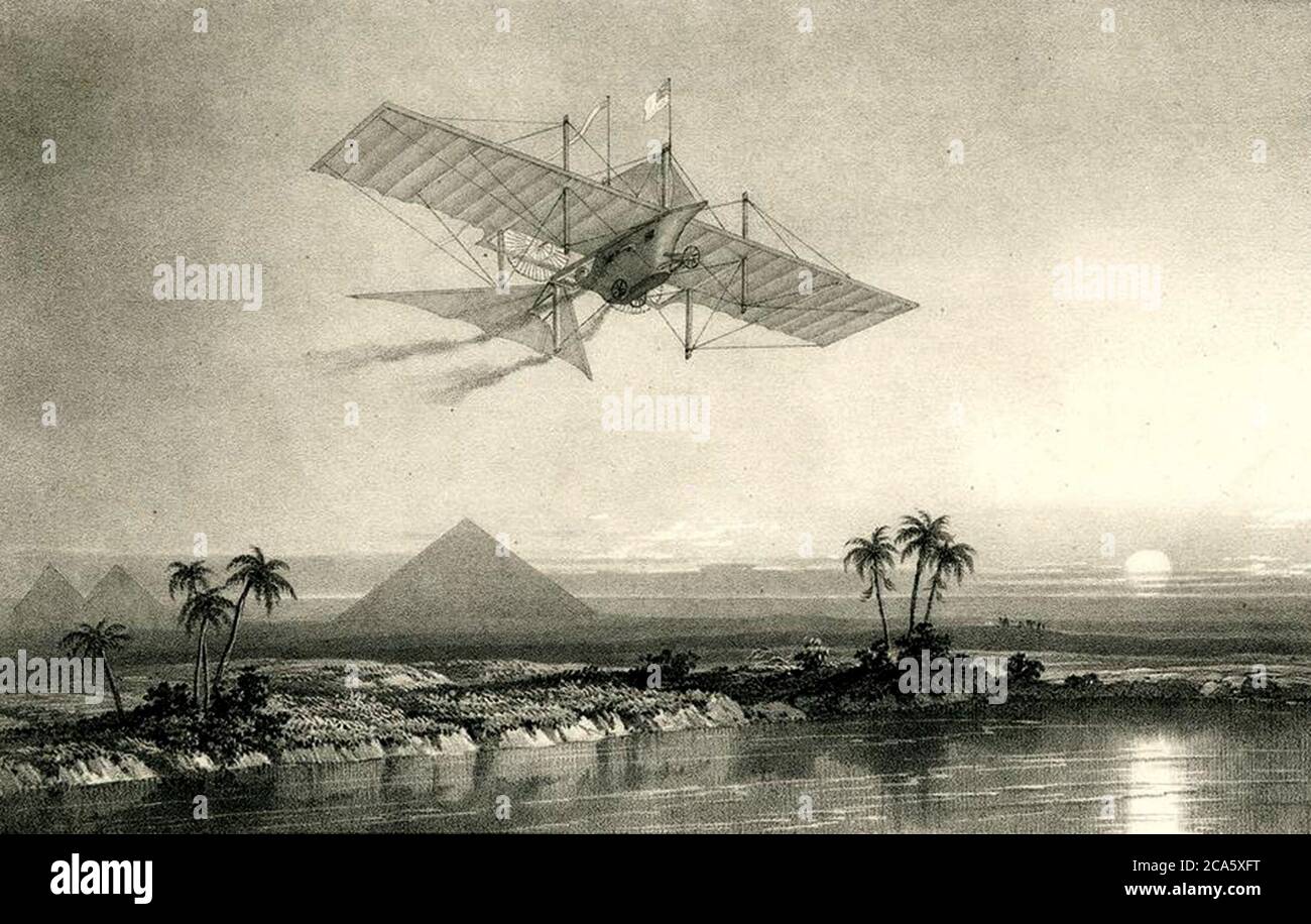 1843 künstlerische Darstellung von John Stringfellow' Flugzeug 'Ariel', das über den Nil fliegt, mit den Pyramiden im Hintergrund Stockfoto