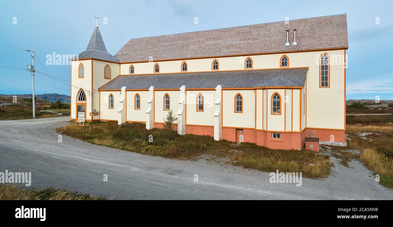 Blick auf die anglikanische Kirche Saint John Evangelist, Barrd Islands, Neufundland, Kanada Stockfoto