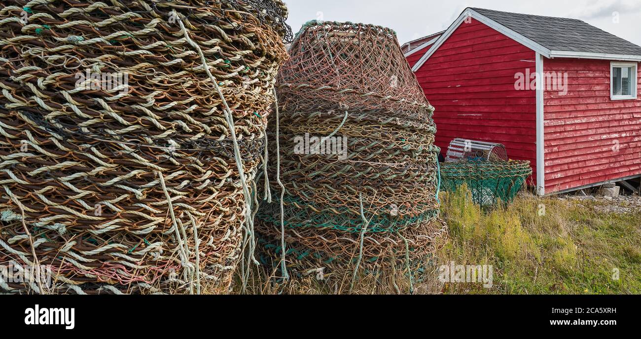 Nahaufnahme von Fischernetzen im Fischerdorf, Barrd Islands, Neufundland Stockfoto