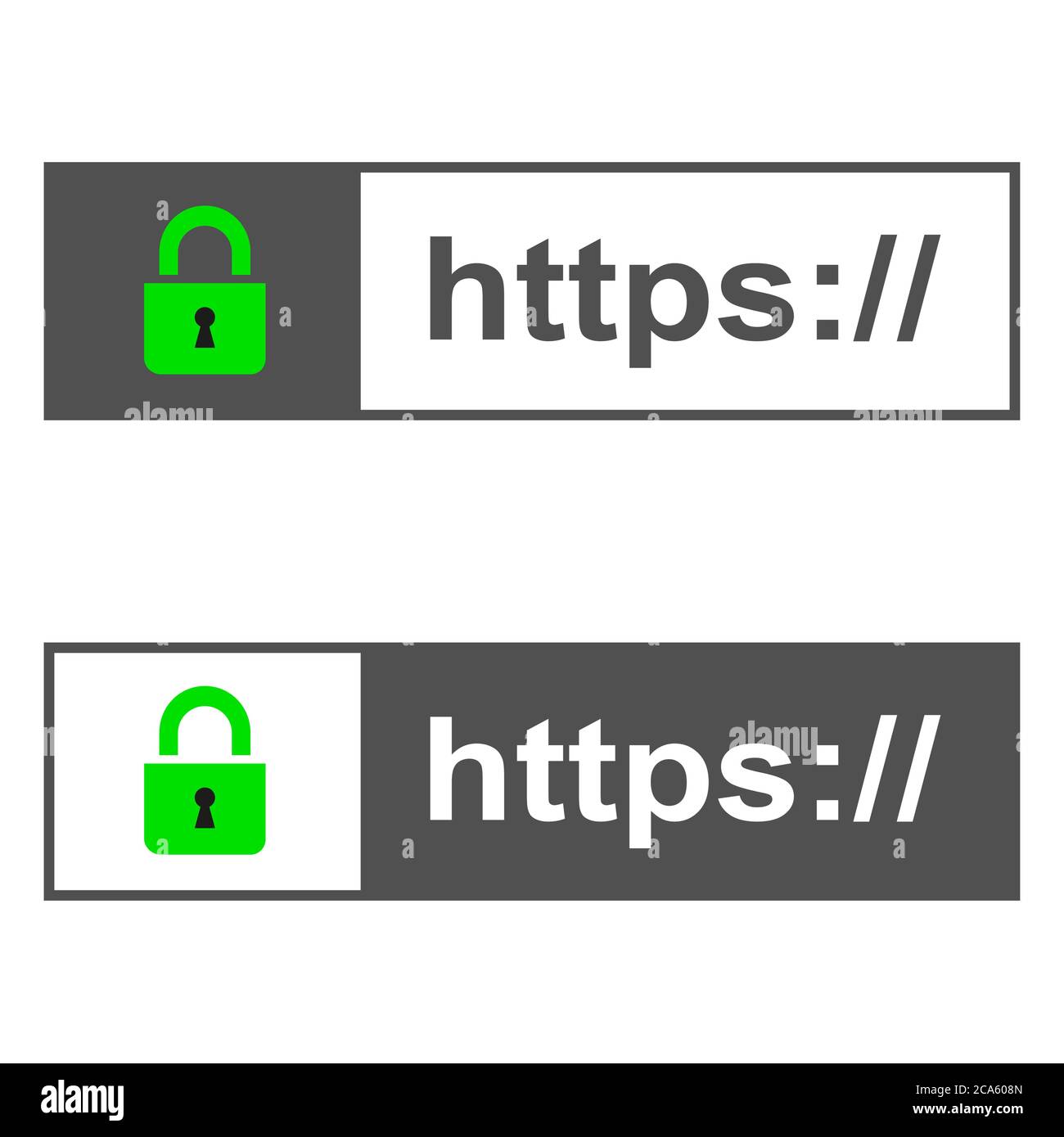 HTTPS mit grün verriegeltem Vorhängeschloss. Sicheres Verbindungskonzept in der Adresszeile des Browsers. Stock Vektor