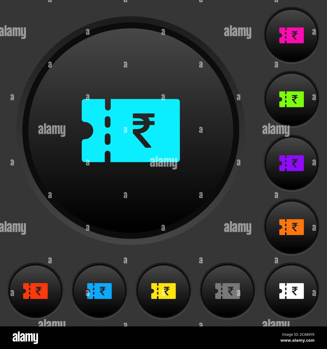 Indische Rupie Rabatt Coupon dunkle Druckknöpfe mit lebendigen Farben Symbole auf dunkelgrauem Hintergrund Stock Vektor