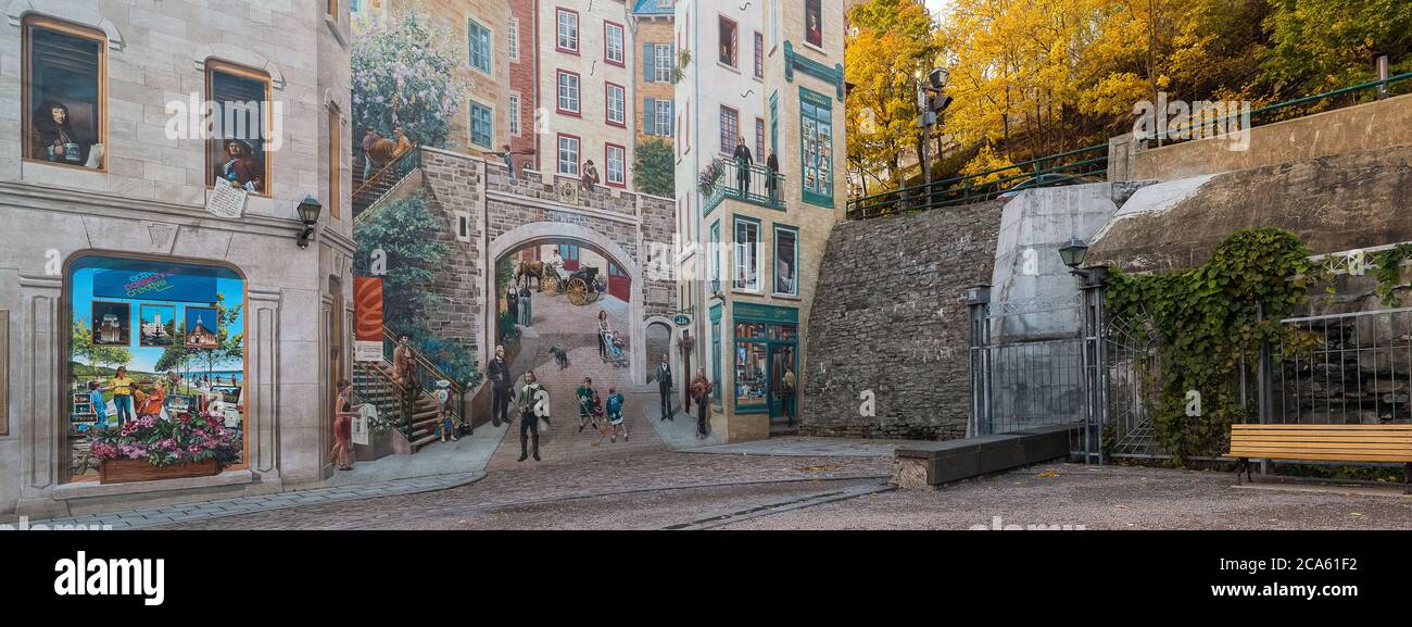 Stadtbild von Lower Town, La Fresque des Quebecois, Alt-Quebec, Quebec Provence, Kanada Stockfoto