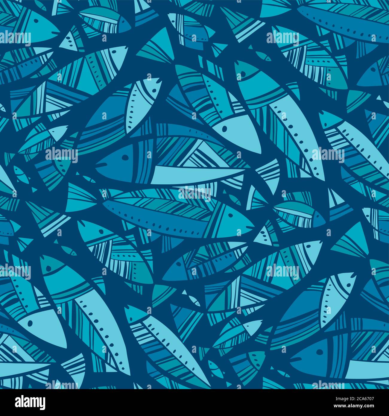 Blaues Mosaik Nord Fisch nahtlose Muster für Hintergrund, Stoff, Textil, Wrap, Oberfläche, Web-und Print-Design. Mosaik Hering dekorativen Rapport. . Stock Vektor