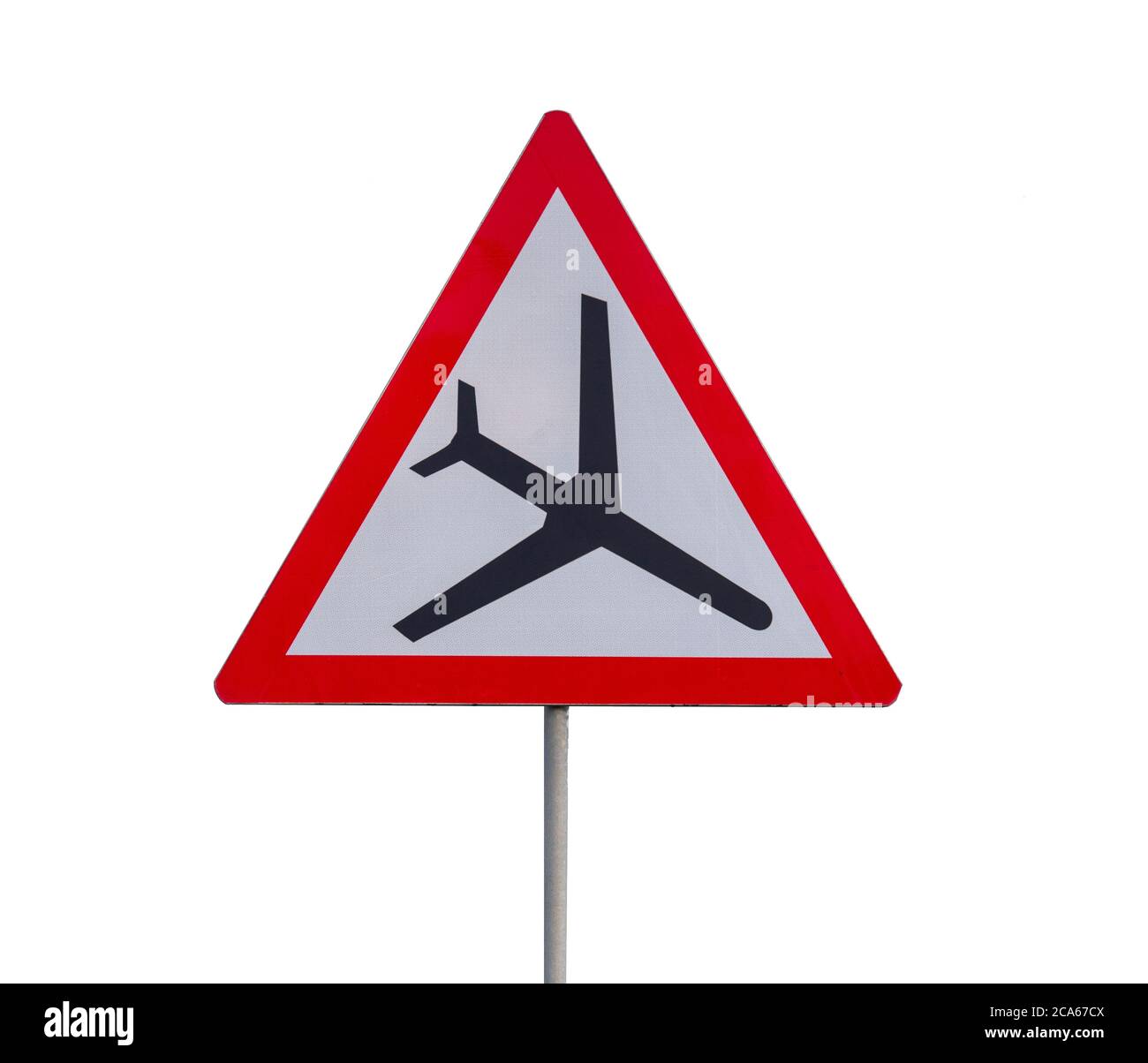 Isoliertes Straßenflugzeugverkehrsschild, Hinweisschild mit Flugzeug Stockfoto