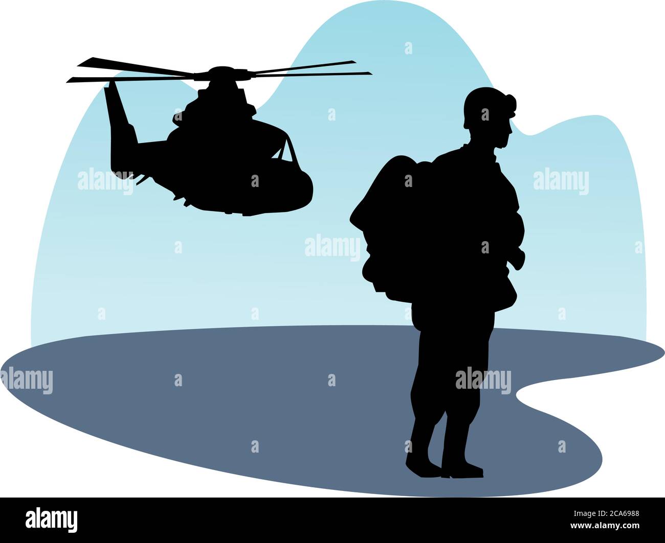 Soldier Militär stehend mit Hubschrauber Silhouette Vektor Illustration Design Stock Vektor