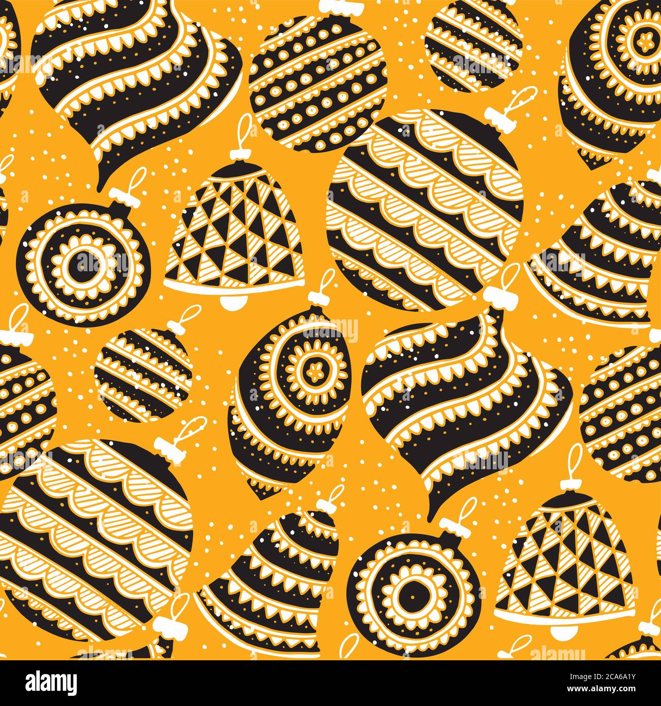 Sonnige gelbe große Weihnachtskugeln nahtlose Muster für Hintergrund, Stoff, Textil, Wrap, Oberfläche, Web-und Print-Design. Weihnachtskugeln handgezeichneter Rappor Stock Vektor