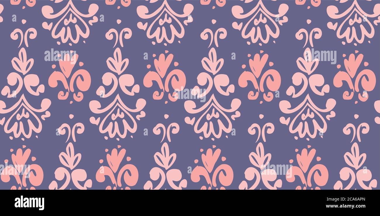 Verspielte rosige und violette klassische Locken nahtlose Muster für Hintergrund, Stoff, Textil, Wrap, Oberfläche, Web-und Print-Design. Französisch inspirierte Handzeichung Stock Vektor