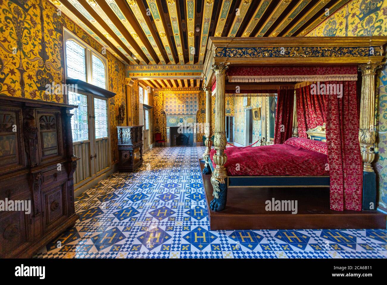 Die Chambre du ROI mit Henry IV's H in den Bodenfliesen, Château de Blois, Blois, Loir-et-Cher, Loire-Tal, Frankreich Stockfoto