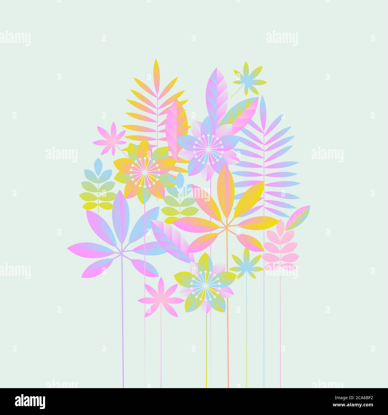 Pastell RGB Farben abstrakte tropische Pflanzenkarte. Lebendige geometrische exotische Naturkarten. Gestaltungselement für Webbanner, Poster, Karten, Tapeten, Backd Stock Vektor
