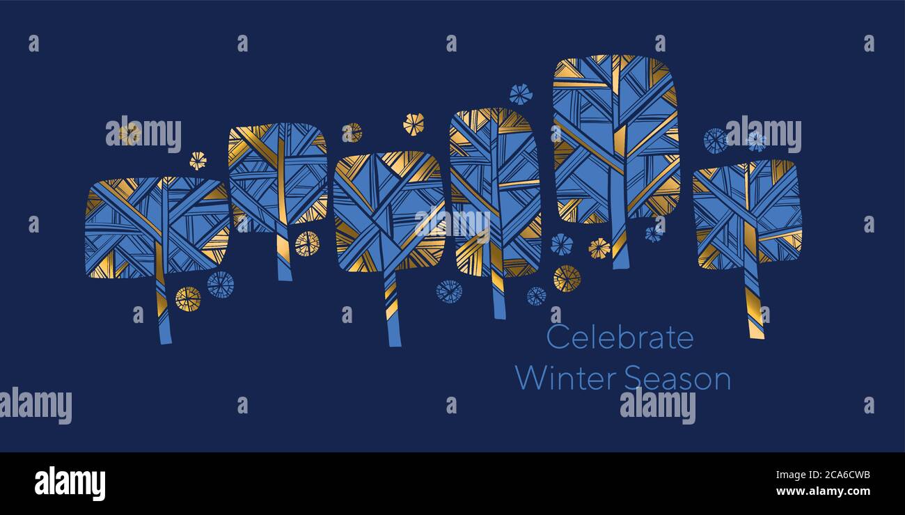 Luxus Gold und blau Winterbaum Weihnachtsbanner. vektor-Illustration für Karte, Header, Einladung, Poster, Social Media, Post-Veröffentlichung. Nordisch lakonisch Stock Vektor