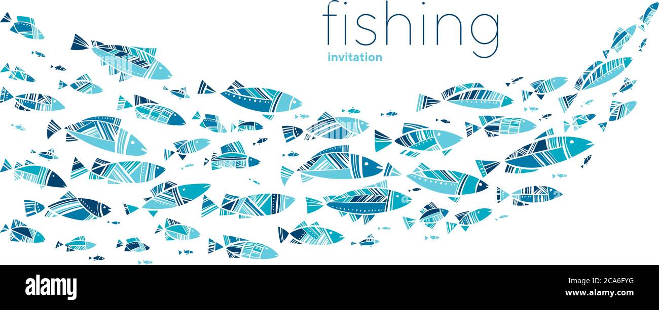 Blaue Schule Fisch auf weißem Hintergrund. Einfache Konzept Vektor-Illustration für Karte, Header, Einladung, Poster, Social Media, Post-Veröffentlichung. Stock Vektor