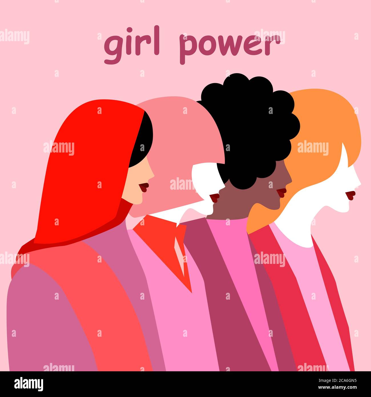Die Stärke des Mädchens. Die Gruppe der Mädchen verschiedener Rassen und Nationalitäten, die im Profil stehen. Das Konzept der Macht, der Macht der Frauen. Die ide Stock Vektor