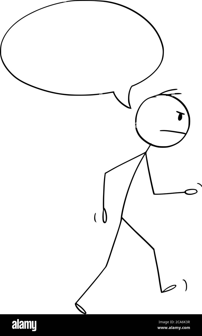 Vektor Cartoon Stick Figur Zeichnung konzeptionelle Illustration von wütenden Mann zu Fuß weg mit leeren Rede oder Sprechblase oder Ballon bereit für Ihren Text. Stock Vektor