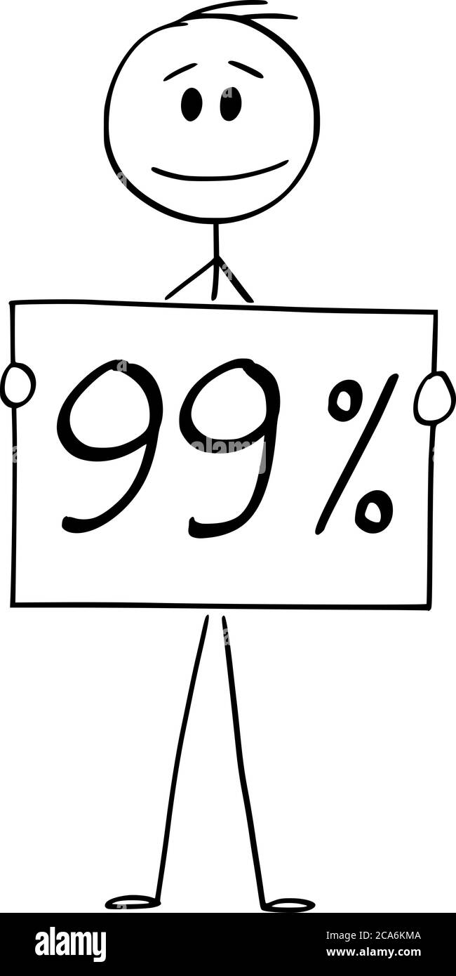 Vektor Cartoon Stick Figur Zeichnung konzeptionelle Illustration des Mannes oder Geschäftsmann mit 99 oder neunundneunzig Prozent Zeichen. Stock Vektor