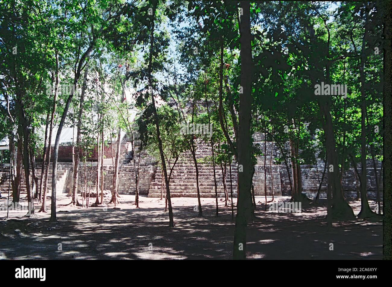 Struktur I. auf der linken Seite ist das Metalldach von Archäologen verwendet, um den berühmten Fries zu schützen. Balamku Maya Ruinen. Campeche, Mexiko. Vintage Film Bild - ca. 1990. Stockfoto