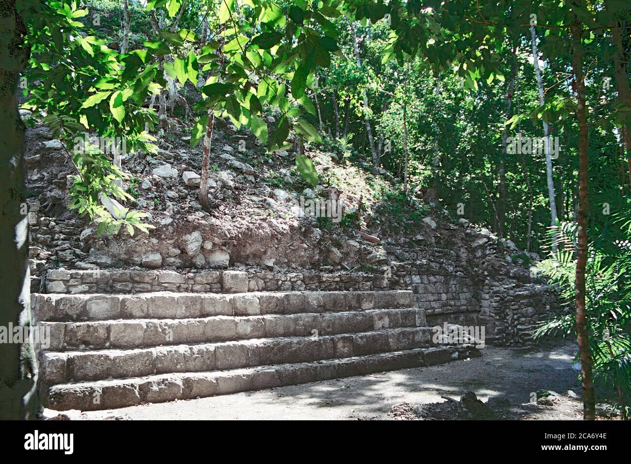 Schritte an der Basis einer Pyramide, wo wenig Rekonstruktion oder Exploration stattgefunden hat. Balamku Maya Ruinen. Campeche, Mexiko. Vintage Film Bild - ca. 1990. Stockfoto