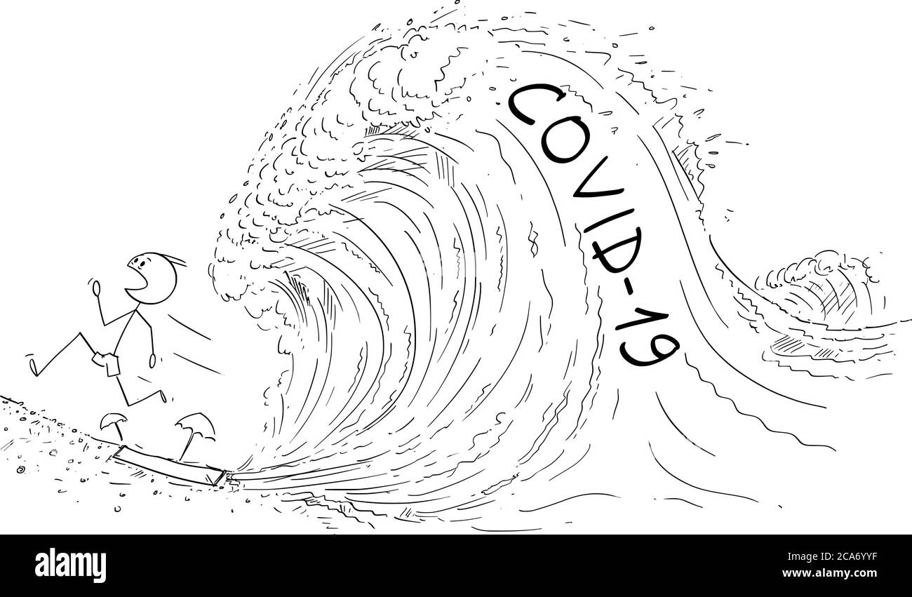 Vektor Cartoon Stick Figur Zeichnung konzeptionelle Illustration von Menschen, Touristen oder Politiker am Ufer oder Strand weglaufen in Panik von der zweiten Welle des Coronavirus, covid-19 oder SARS-CoV-2-Virus. Pandemiekonzept. Stock Vektor