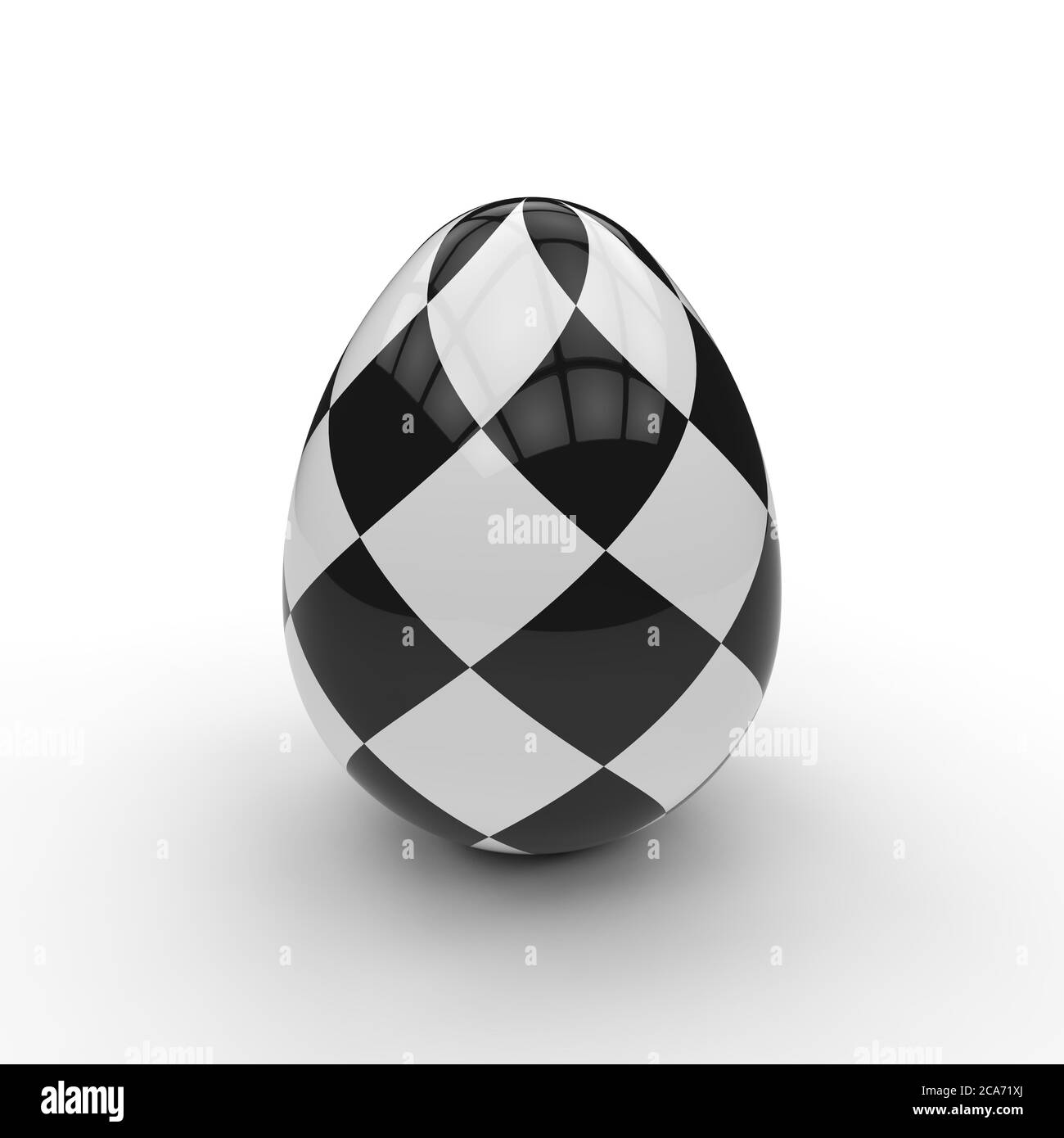 Schwarz-weiß kariertes Osterei auf weißem Hintergrund als Symbol für Auferstehung und neues Leben, das aus der Eierschale hervorgeht, die ein Grab darstellt Stockfoto