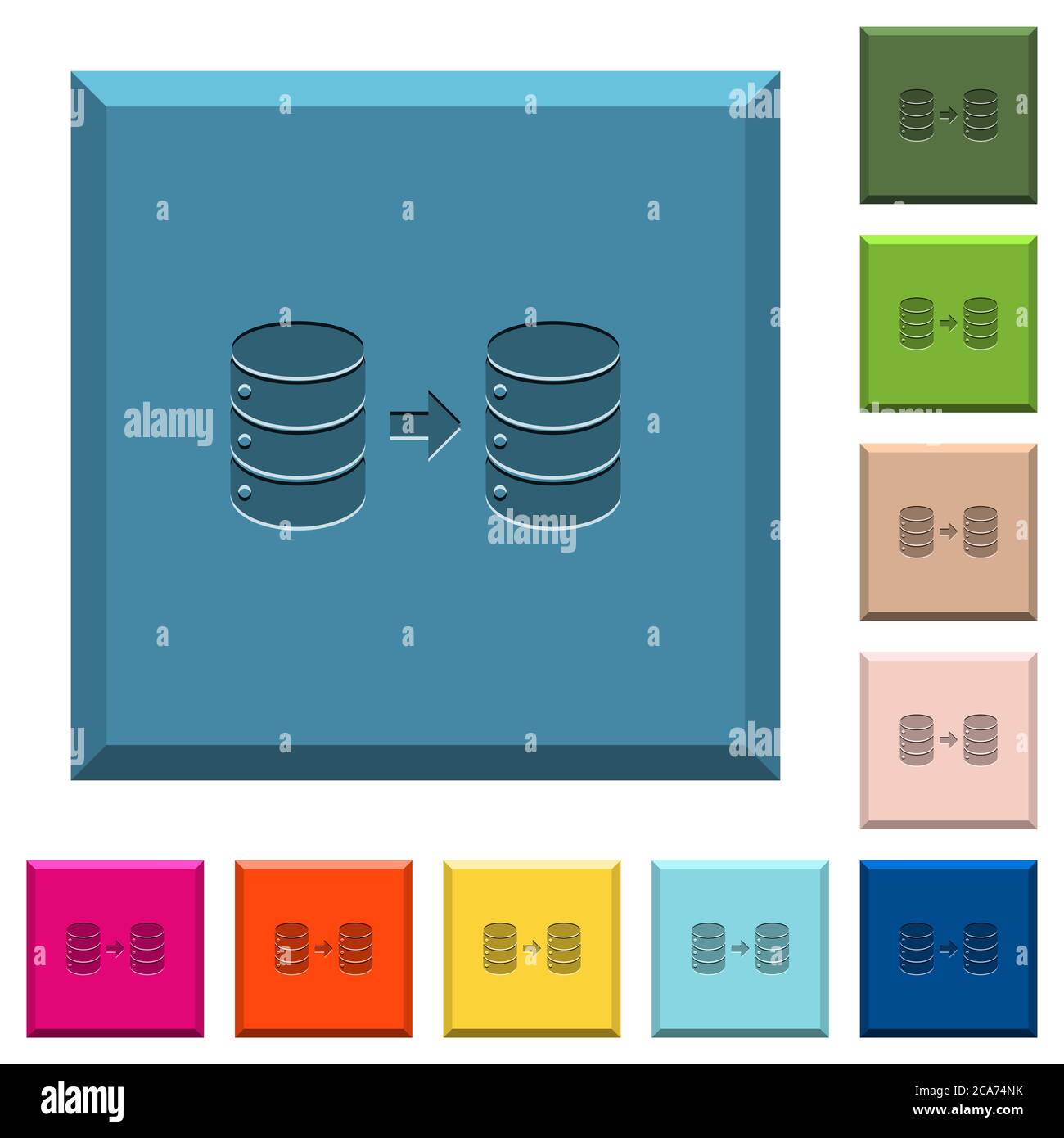 Datenbankspiegelung gravierte Icons auf kantigen quadratischen Knöpfen in verschiedenen trendigen Farben Stock Vektor