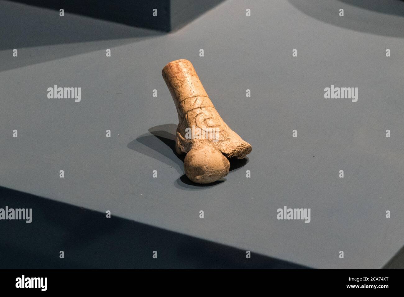 Ein geschnitzter menschlicher Knochen im Monte Alban Site Museum, Oaxaca, Mexiko. Ein UNESCO-Weltkulturerbe. Stockfoto