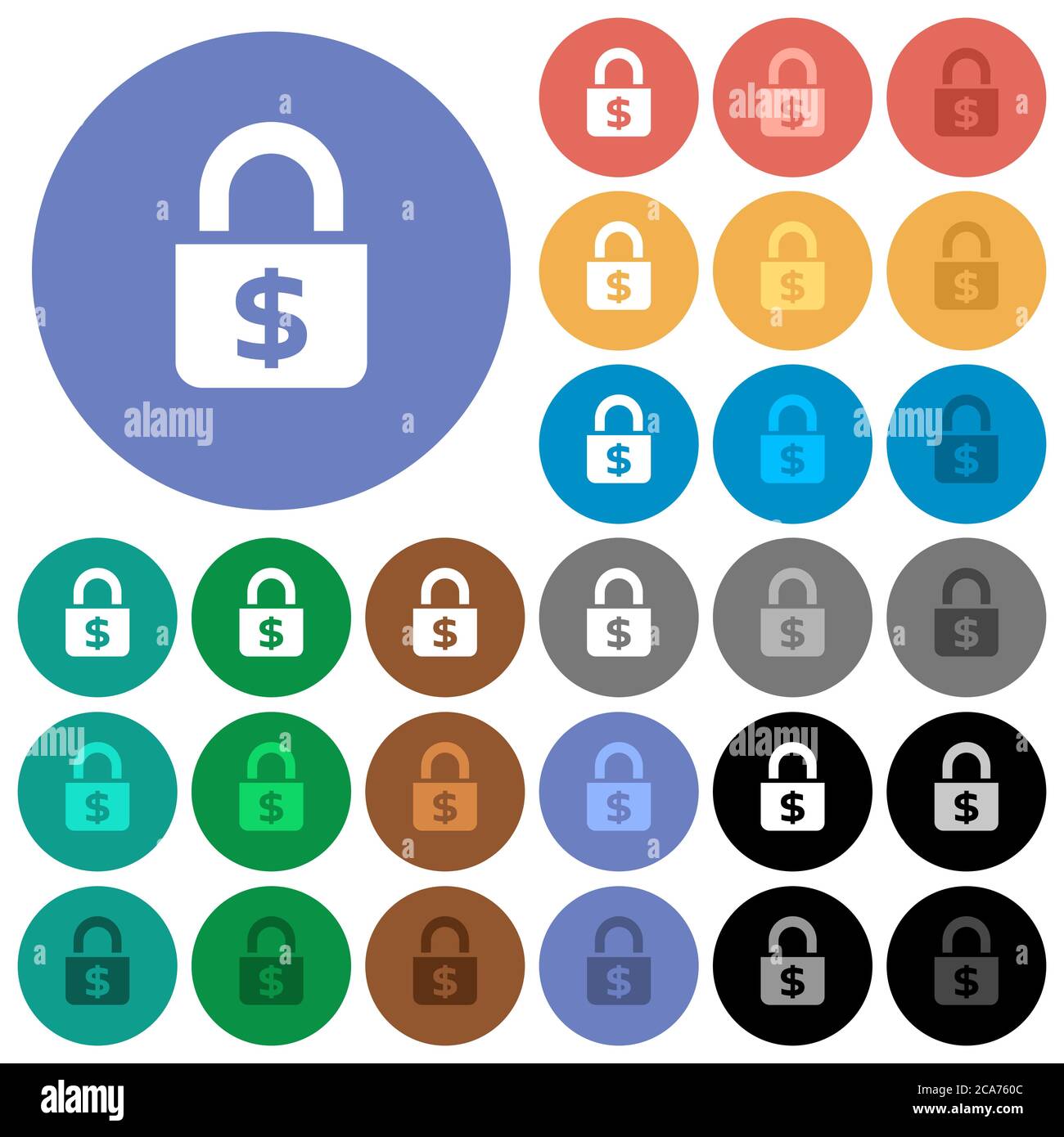 Locked Dollars mehrfarbige flache Symbole auf runden Hintergründen. Inklusive weißer, heller und dunkler Symbolvarianten für schwebe- und aktive Statuseffekte, und Stock Vektor