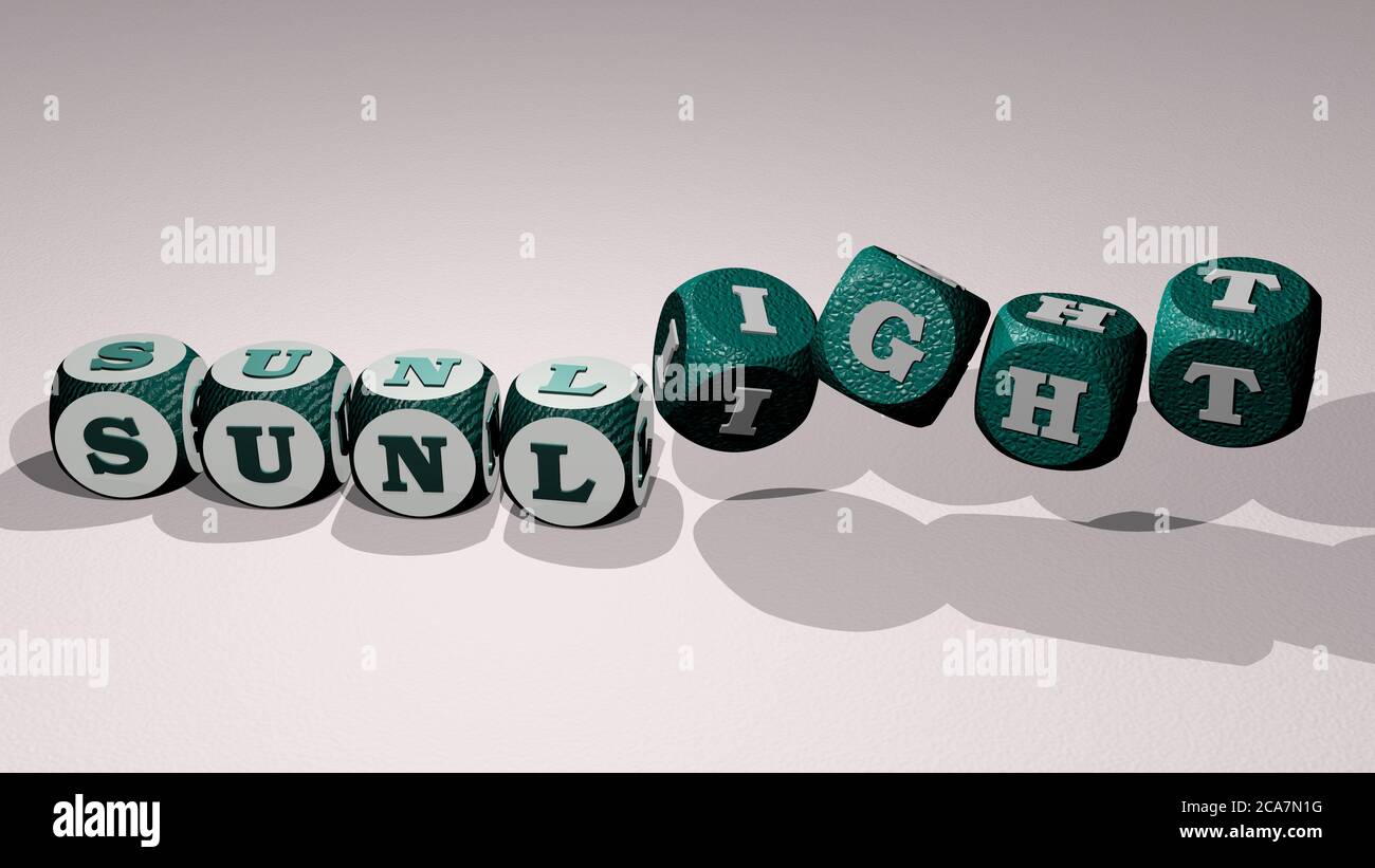 Kreuzworträtsel des SONNENLICHTS angeordnet durch kubische Buchstaben auf einem Spiegelboden, Konzept Bedeutung und Präsentation. Hintergrund und schön. 3D-Illustration Stockfoto