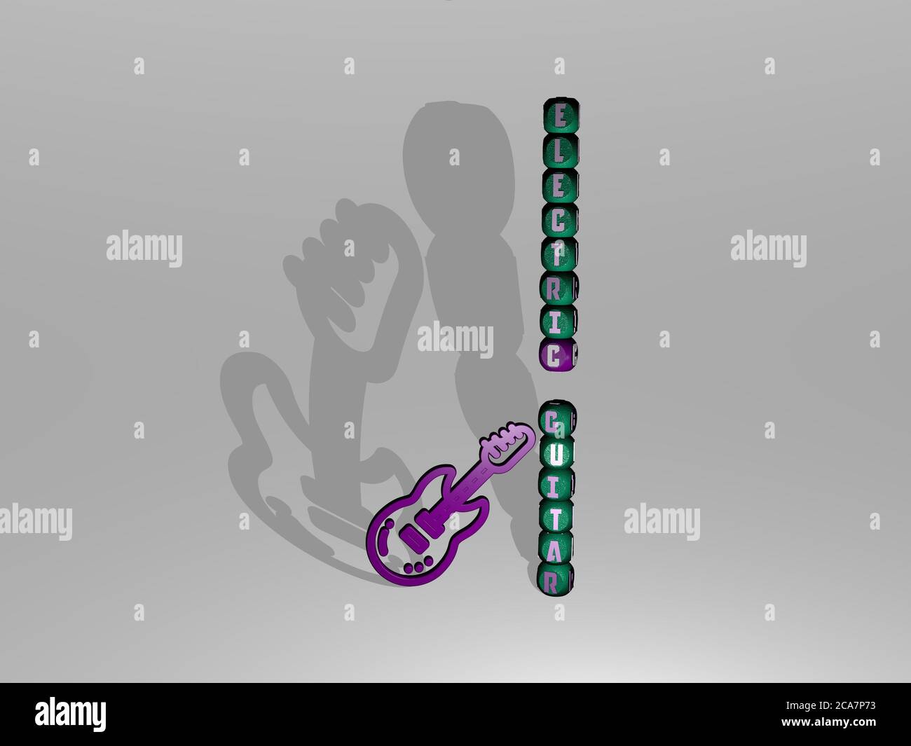 3D-Grafik-Bild der E-Gitarre vertikal zusammen mit Text um das Symbol von metallischen kubischen Buchstaben aus der oberen Perspektive gebaut. Ausgezeichnet für das Konzept Präsentation und Diashows. Stockfoto