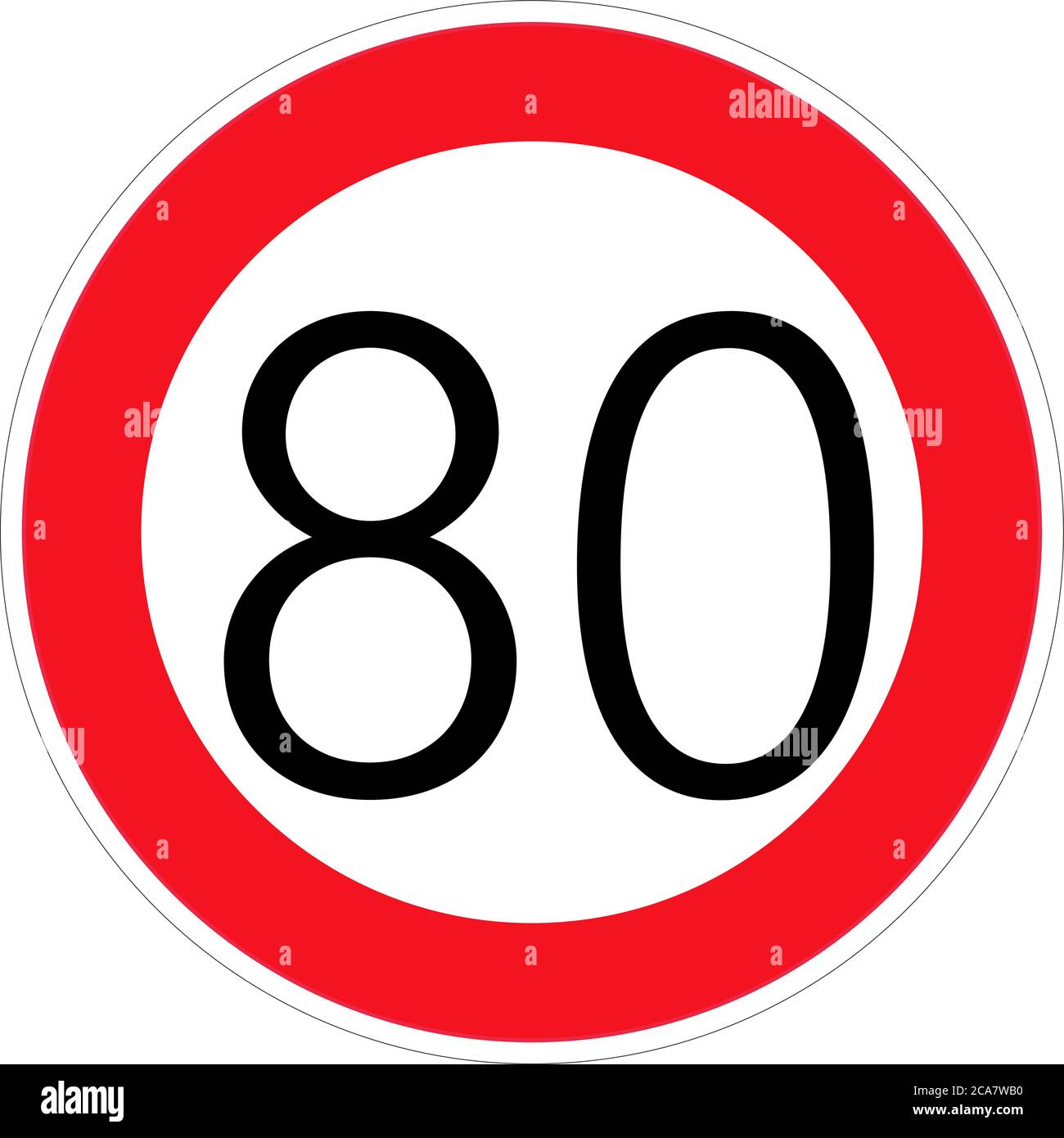Geschwindigkeitsbegrenzungszeichen Nummer achtzig. Rundes rotes Straßenschild: Höchstgeschwindigkeit 80 Kilometer pro Stunde. Vektorgrafik. Stock Vektor